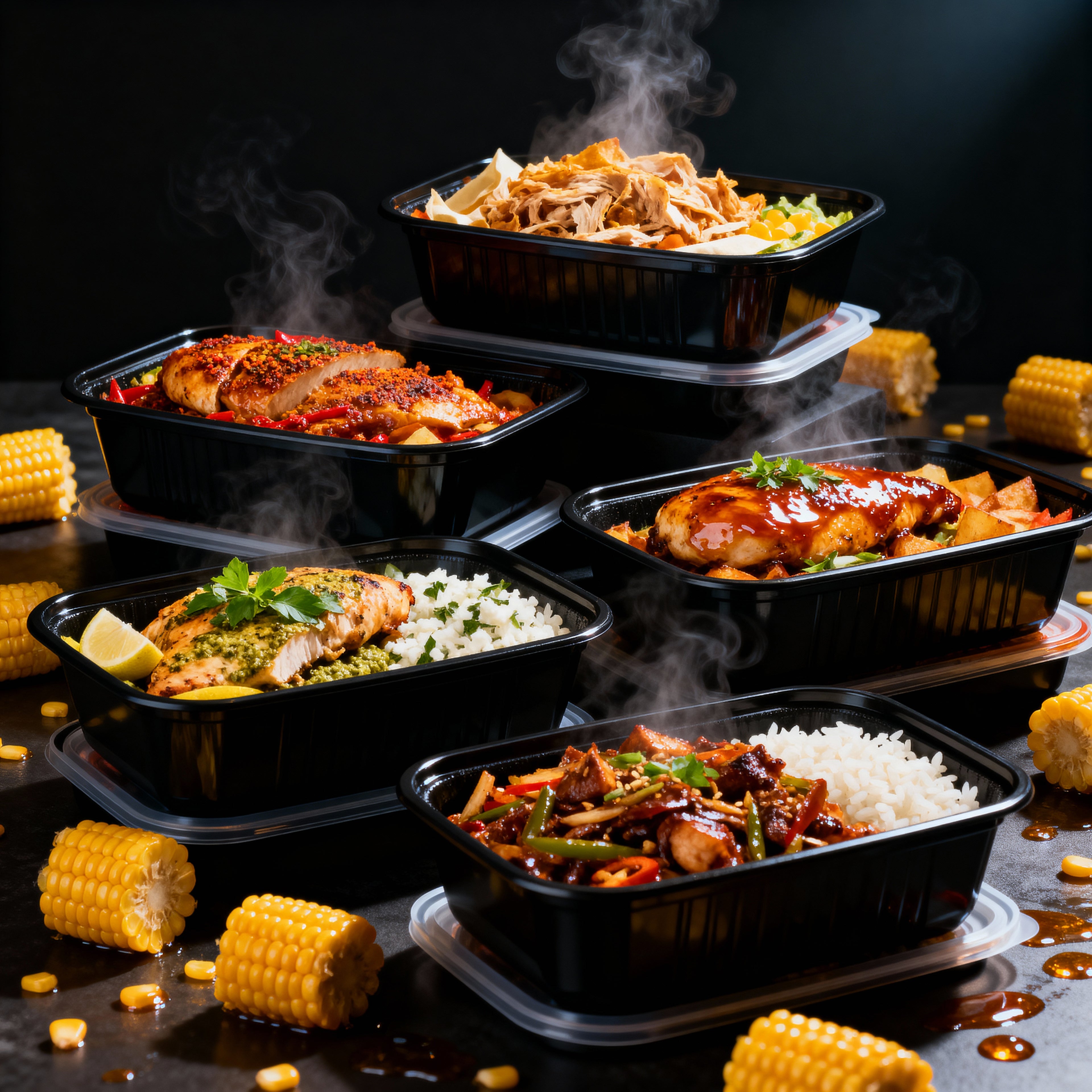 Assorted cooked meals in black containers with steam, surrounded by corn on a dark surface.
